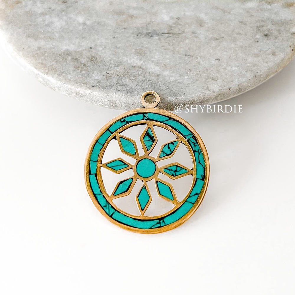 NEW Tibetan Artisan Handcrafted Pendant, Dharma Wheel & Lotus, Turquoise Mosaic